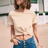 Ruffle Camiseta Mulheres Algodão Listrado Imprimir Manga Curta Soft Lively Cores Quentes Tops Vintage Loose 2022 Chic T-shirt Feminino Feminino