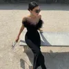 Sıradan Elbiseler Zarif Tüy Straplez Resmi Gece Siyah Beyaz Kadın Kıyafet 2022 Sonbahar Yüksek Bel Bodycon Uzun Parti Kokteyl Dres