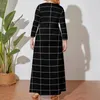 Robes grande taille Vintage lignes nordiques robe à manches longues grille noir fête Maxi impression esthétique Boho plage 5XLPlus