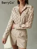 Berrygo Elegant Short Sets Silk Shirt For Women Fashion Long Sleeve Pocket Print Tweed Piece Set Set Summer Casual Work Satines Set 220611