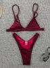 Sexy fluwelen geribbelde zwempak vrouwen driehoek micro bikini set massief badmode hoog gesneden zwembadende pak strandkleding biquini 220509