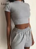 Set di tute da donna in due pezzi T-shirt sexy Crop top e pantaloncini con tasche Set di abiti sportivi estivi a vita alta nero grigio