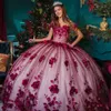 Borgogna principessa Abiti Quinceanera 3D floreale compleanno abiti da ballo Lack Up Sweet 15 16 abiti abiti quinceanera 2022