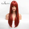 perruque de style femme respirant pleine tête ensemble rouge orange cheveux longs raides 220527