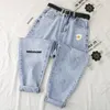 Daisy broderi denim jean kvinnor hög midja jeans plus storlek harem byxor mujer vintage casual rak byxa 220402