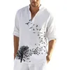 Men's Casual Shirts Men Shirt Vintage Parrot Printed Loose Cotton And Linen Trend Cardigan Long Sleeve ShirtMen's