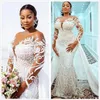 UPS Plus Size Lace Mermaid Wedding Dresses 2022 with Detachable Train Sheer Long Sleeves Beaded Lace Appliqued Bridal Gown Custom Made Robe De