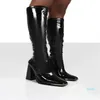 Kvinnor Knä High Boots Candy Färgplattform Chunky Super Square Heels Ladies PU Läder Skor Sida Zipper Long Boot