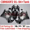 Body +zbiornik dla Honda CBR600 CBR 600 F2 FS CC 600F2 91-94 Bodywork 140NO.11 600FS 600 cm3 CBR600F2 91 92 93 94 CBR600-F2 CBR600FS 1991 1992 1993 1994 Fairing Kit Płaskie srebrne srebrne srebrzyste