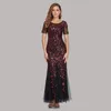 2022 Plus Sequin Mesh Mermaid Slim Evening Dress Beaded Leaves Pattern Formal Women Elegant Party Prom Gowns Short Sleeve Big Size 2XL