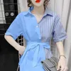 Bloups feminina camisas assimétricas de chiffon azul de túnica para mulheres listradas elegantes chiques casuais coleta de mulher de manga curta 20