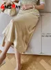 女性のためのシルクサテンスカートのためのハイウエストアラインエレガントな夏のピンクミディ韓国のファッションスタイル220317