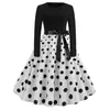 Winter Dresses Women 50S 60S Vintage Robe Swing Pinup Elegant Party Dress Long Sleeve Casual Print Black 220713