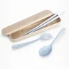 2021 Design Portable Wheat Straw Spoon Fork Chopsticks Set Tableware Eco-friendly 4 Colors Reusable Wheat Straw Travel Camping Cutlery Set