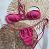 Pembe parıltılı bikini seti kadın moda mayo mayosu bandaj seksi bling mayolar seksi ped row-parça düz renkler basit stil