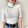 Bawełniana Tshirt Kobiety Turtleneck Slim Basic Krótki Rękaw Koszulki Kobiet Dorywczo Elastyczność White Tee Koszula Femme Woman Tops Jesień 220328