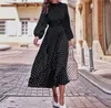 Boho lanterna mangas compridas bolinhas impresso midi vestido mulheres elegante vintage stand collar split vestido outono vestido robe femme