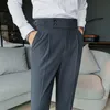Estilo britânico outono sólido calças de cintura alta dos homens calças formais fino ajuste negócios casual terno calças hommes