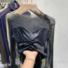 Dames t-shirt sexy veer voor vrouwen 2022 kanten mesh steek fluweel shirts bodem met lange mouwen binnenkleding femme casual alle matchvrouwen