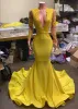 Sexy Yellow Satin Backless Mermaid Prom Dresses Lace Applique Beaded Deep V Neck Long Sleeves Floor Length Plus Size Sweep Train Evening Gowns Custom Made