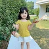 Summer Girls' Cotton Linen Suit 2022 New Style Square Neck Fly Sleeve Shirt Top + Shorts 2PCS Comfortable Children's Clothing G220509