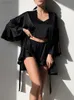 Hiloc Black Satin Sexy Nightwear Set Femme 3 Pieds Shorts Dirted Set Crop Tops Flare Garment Garment Set Women's's S Nightwear L220803