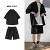 Koreaanse stijl heren set pak jas en shorts massieve dunne korte mouw top bijpassende bodems zomermode oversized kleding man 220618