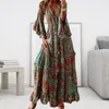 Robes décontractées col en V irrégulière manches 3/4 Maxi robe taille haute bohême imprimé fleuri volants garniture Baggy Streetwear