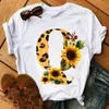 Kaus Wanita Mode Atasan Kasual Gambar Cetak Bunga Matahari Macan Tutul Kombinasi Huruf Nama Sesuai Pesanan Hitam B C D E O 220613