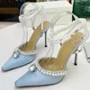 Sandalias Punta puntiaguda Seda Satén Tacón alto Bombas Mujer Cristal Perla Cadena Decoración Tobillo Tiras Sexy Boda Novia Zapatos 2023Sandalias