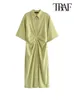 Traf女性シックなファッションボタンアップドレープミディシャツドレスビンテージ半袖サイドジッパー女性ドレスvestidos 220418