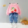 Conjuntos de roupas Autumn Roupos de menina de menina de renda de renda de renda Roupas de manga de desenho animado Cherry Sweater Terno 2pcs Toddler Long Shirt Girlthing