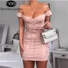 Newasia Puff Sleeve Party Dress Women Summer قبالة الكتف مثير الجسم فستان مشد الدانتيل حتى ضيقة مصغرة الفستان الوردي الفساتين T200320