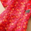 Summer Short Sleeve Dress Round Neck Red Plaid Jacquard 3D Flower Mid-Calf Elegant Casual Dresses 22Q042327
