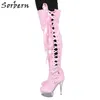 Sorbern Pink Patent Mid Lår Höga Stövlar För Kvinnor Transparent Högklackplattform Skor Ladies Ribbon Lace Up Side Custom Boot