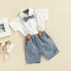 Focusnorm 0 3Y Summer Baby Boys Gentleman Desets Solid Single Breasted Romper Tops With Bow Overalls Shorts 220620