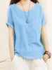 Blusa de lino de algodón suelto verde blusa de talla grande 5xl camisetas de verano para mujeres manga corta o cuello camisa sólida dama 220617