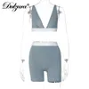 Dulzura Ribbed Patchwork Women Two Piece Set Bh Crop Top Biker Shorts Suits BodyCon Sexig Streetwear Matching Sporty Tracksuit 220526