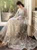 Party Dresses Silver Gray Lace Evening With Long Sleeves Elegant O-neck A-line Floor-length Backless Celebrity GownsParty