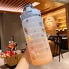 Bottiglia d'acqua in plastica con adesivi satinati, colore sfumato, 2 litri, grande capacità, motivazionale, con marcatore del tempo, tazza 22277A