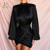 Justchicc Mini Pleated Satin Party Dress Women Bandage Sexy Dress Zipper Autumn long Sleeve Bodycon Club Black Dress Robe Femme Y200623