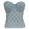 Women Denim Tube Top Diamond Beaded Strapless Vest Lace up Zipper Bustier Bra Night Club Party Tank Female Y749 220316