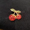 Double Cherry Brooches Red Metal Crystal Backpack Clothes Sweater Lapel Pin Badge Romantic Jewelry Gift for Women Girls Friends