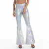 Women's Two Piece Pants Pole Dance Rave Clothes Holographic Women Bras Metallic Flared Costumes Hip Hop Sexy Night Club Bellbottoms