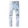 Men's Jeans High Street Fashion Brand AMR Hole Patch Elastic Slim Fit Pleated Mens Skinny Solid Quality Denim TrousersMen's