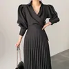 Casual Dresses Long Sleeve High Waist Spring Luxury Autumn Woman Pleated Dress Female A-Line Party Elegant Vintage Maxi For Women