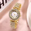 Wristwatches Shsby Gold Jewelry Watches Casual Quartz Bracelet Watch Lady Flower Rhinestone Clock Women Luxury Crystal Dress WristwatchWrist