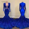 2022 Royal Blue Sereia Vestidos de Prom Vestidos Sparkly Lace Lantejoulas Longos Mangas Pretas Meninas Africanas Celebridade Vestido de Noite B0408