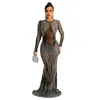 Casual Dresses Wishyear 2022 Luxury Crystal Evening For Women Party Prom Elegant Sexy Black Mesh Long Sleeve Bodycon Maxi Dress Casual