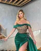 2022 Luxury Plus Size Arabic Aso Ebi Hunter Green Prom Dresses Beaded Crystals High Side Split Floor Length Evening Party Second Reception Gowns Custom Made B0408